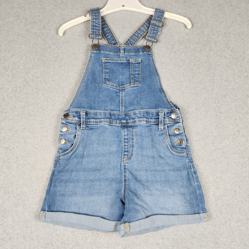 Falls Creek Bib Shortalls Girls L 10/12 Blue Denim Adjustable Strap Rolled Hem